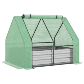 Outsunny Galvanized Raised Garden Bed With Mini Greenhouse Cover, Outdoor Metal Planter Box With 2 Roll-Up Windows For Growing Flowers, Fruits, V (Option: Green)